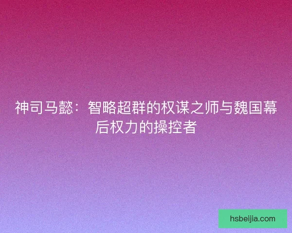 神司马懿：智略超群的权谋之师与魏国幕后权力的操控者